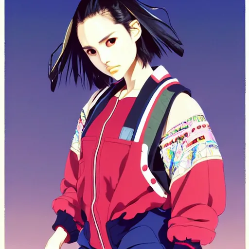 Image similar to a beautiful japanese natalie portman gravure model, wearing oversized native designer bomber jacket and leotard with overalls, bulky poofy bomber jacket with mesoamerican patterns, mesoamerican native street fashion, gapmoe yandere grimdark, trending on pixiv fanbox, painted by greg rutkowski makoto shinkai takashi takeuchi studio ghibli, akihiko yoshida