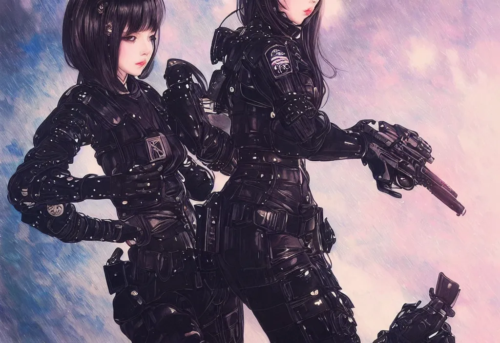 Image similar to portrait lisa blackpink + black hair of futuristic female police, black armored uniform, at rooftop futuristic colorpunk tokyo rainy night, ssci - fi and fantasy, intricate and very very very beautiful, highly detailed, digital painting, artstation, concept art, smooth and sharp focus, illustration, art by tian zi and wlop and alphonse mucha