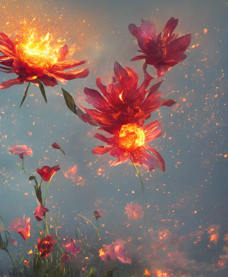 Prompt: hyper realistic flower with fire texture on the petals, beaultiful background, bokeh, illustrated by greg rutkowski, beautiful volumetric lighting, intricate, ultra detailed, photorealistic, trending on artstation, octane render, 8 k