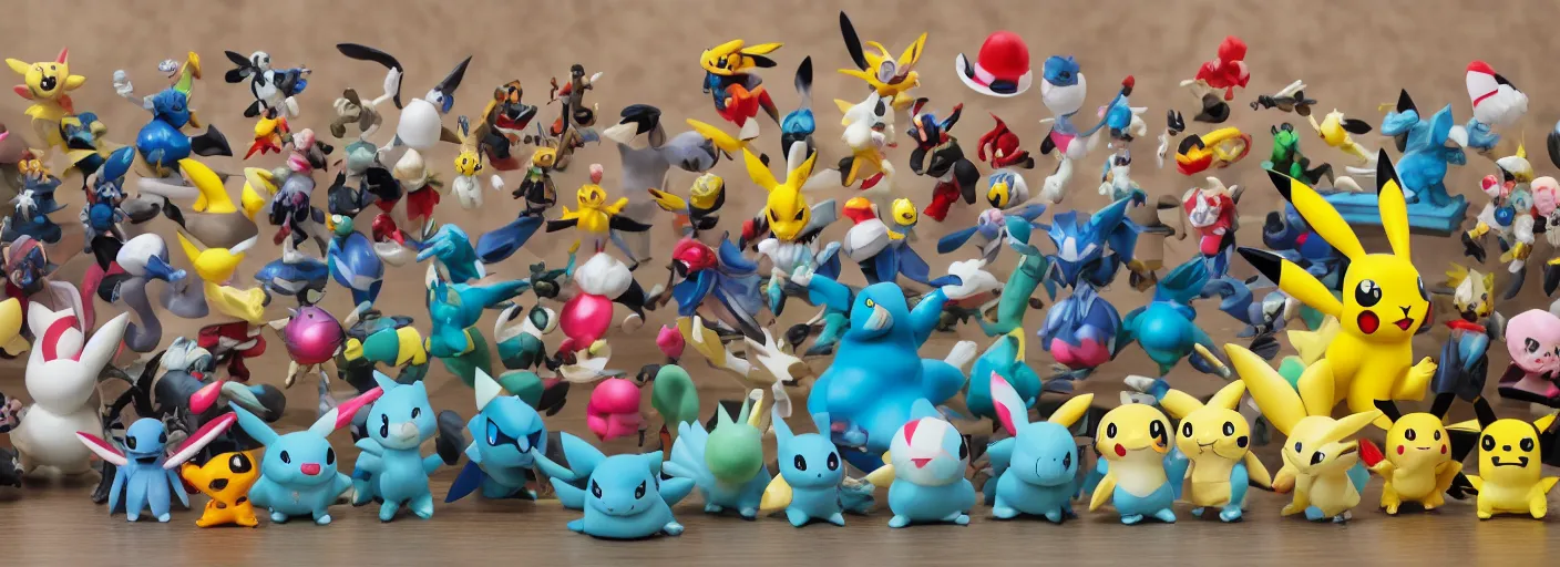 Prompt: pokemon toy vinyl figurine collection at the library, warm lighting, super wide shot, trending on artstationhq