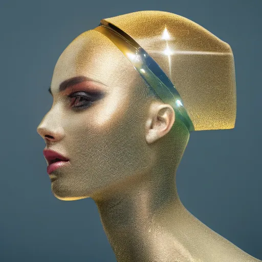 Prompt: portrait of a beautiful futuristic woman layered with high-tech jewelry wrapping around her face and head, golden light