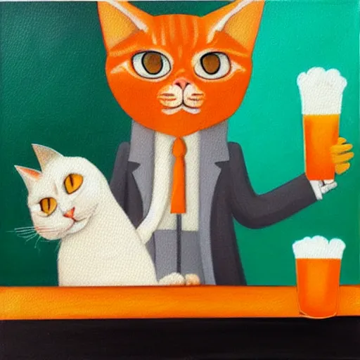 Image similar to oilpainting canvas of a sad orange white tabby cat drinking beer and smoking a cigarette at a bar, overthinking his mistakes he made in life