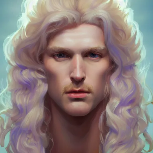 Image similar to a portrait of a beautiful androgynous blond man, germanic pale white skin and long fluffy curly blond hair, sharp lavender eyes, Center parted curtain bangs, close up view, head and upper body, looking upward, fullface, light from above, by Peter Mohrbacher, trending on artstation, 8k
