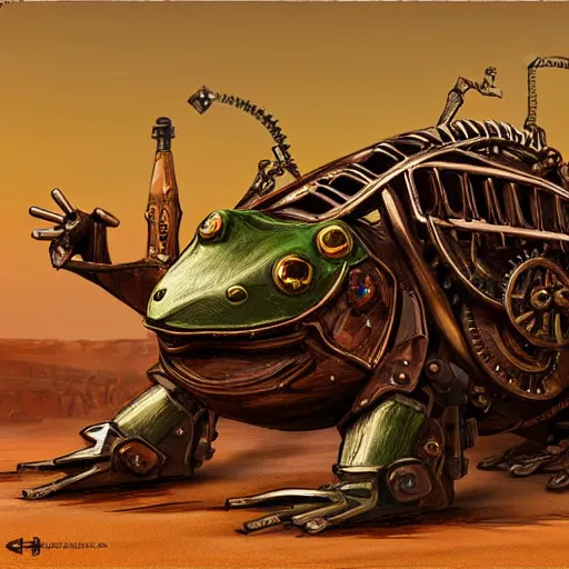 Image similar to giant steampunk mechanical frog, concept art, wild west, desert, digital art