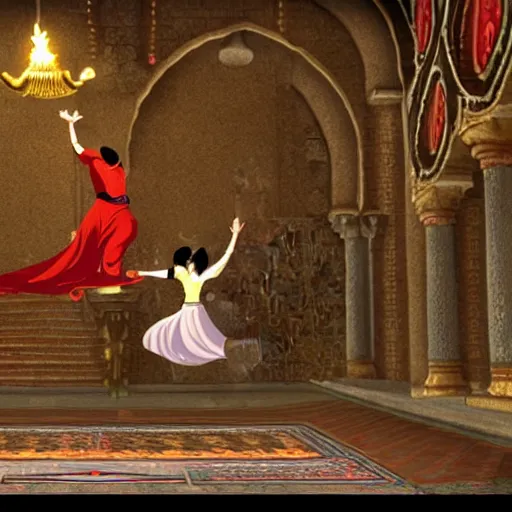 Image similar to a screenshot from prince of persia where the prince is doing a dance