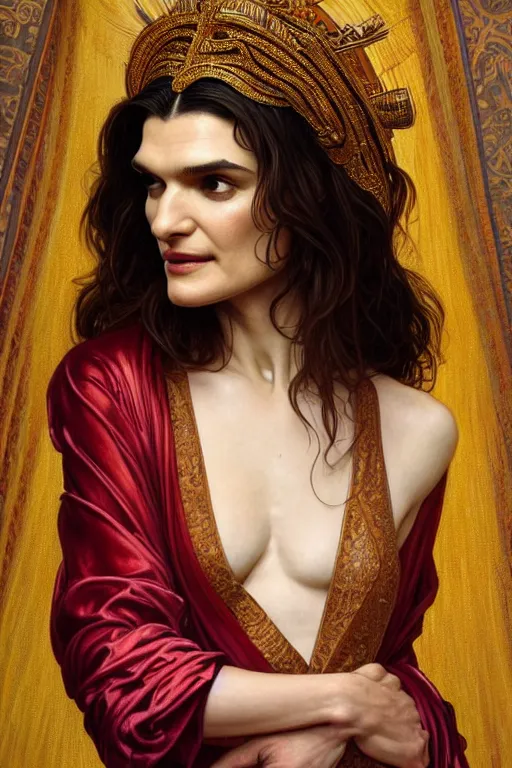 Prompt: body portrait of rachel weisz wearing a flowing silk robe, wearing an ornate ancient headress, by terry o'neill intricate, elegant, highly detailed, digital painting, artstation, concept art, smooth, sharp focus, bold lighting, deep colors, dark background, illustration, art by artgerm and greg rutkowski and alphonse mucha, 8 k,