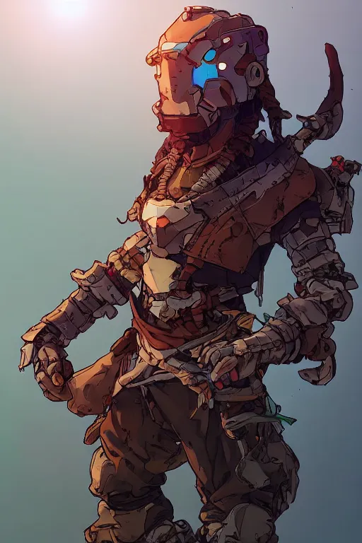 Image similar to combination suit armor aloy horizon forbidden west horizon zero dawn robot ninja mask helmet backpack tribal, art gta 5 comics, official fanart behance hd artstation by jesper ejsing, by rhads, makoto shinkai and lois van baarle, ilya kuvshinov, ossdraws radiating a glowing aura cgi rtx 2 0 2 2