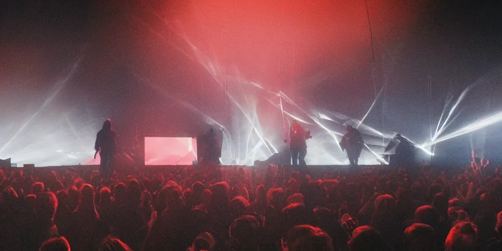 Prompt: Thom Yorke singer songwriter, Radiohead group of people on stage playing instruments, elaborate stage effects, dust, smoke, giant LED screens, colored projections, ultrafine detail, glowing thin wires, smoke, high contrast, projections, a screenshot by David Gilmour Blythe, holography, tesseract, volumetric lighting, anamorphic lens flare