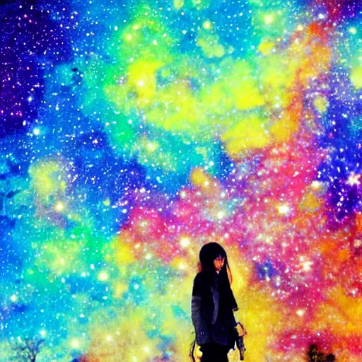 Image similar to celty sturluson in front of colorful galaxy