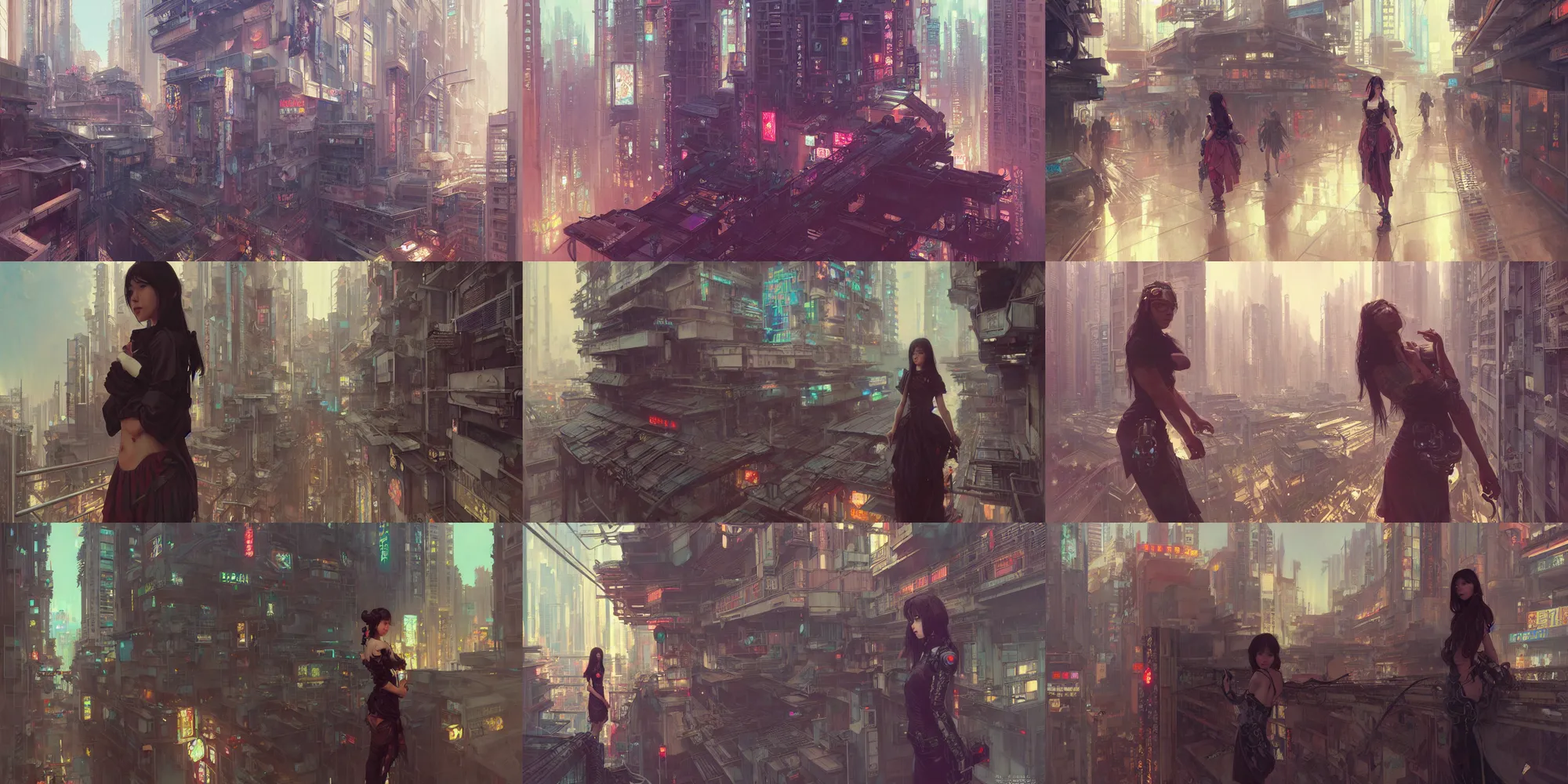 Prompt: ultra realistic beautiful cyberpunk kowloon balcony techno art, beautiful alluring school girl, sci - fi, fantasy, intricate, elegant, highly detailed, digital painting, artstation, concept art, smooth, sharp focus, illustration, art by alphonse mucha and tian zi and krenz cushart and greg rutkowski