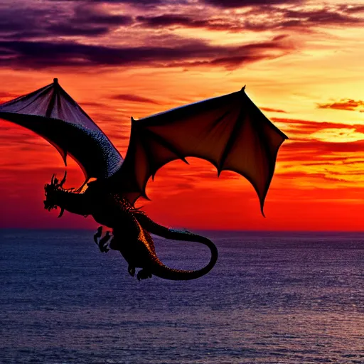 Prompt: A Dragon flying in the sunset