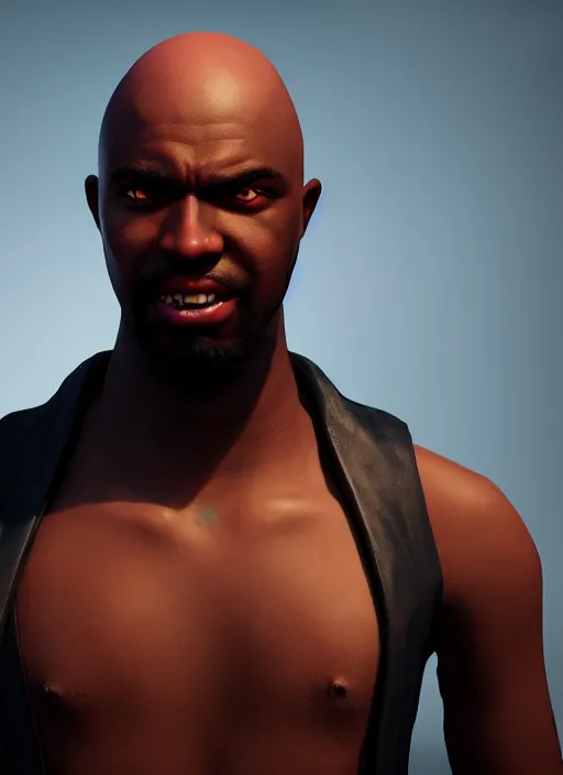 Prompt: An epic fantasy comic book style portrait painting of a young dark skinned thief with broad shoulders and a bald head in a vest, unreal 5, DAZ, hyperrealistic, octane render, cosplay, RPG portrait, dynamic lighting