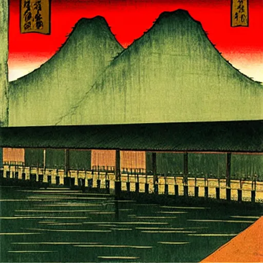 Image similar to a chinese prison near a river by peter doig and ukiyo - e, muted colors