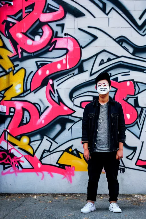 Image similar to asian guy with oni mask stand in front of wall with full of graffiti tag and mural, photorealistic, smooth, 4 k, aesthetic lighting, baroque object, facial features, hyperdetailed, professional photography, pullitzer winning, photo by : canon eos 5 d mark iv, by karah mew and adnan abidi and jodie bateman