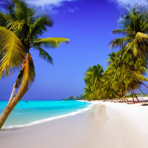 Image similar to aesthetic white sand beach with pink palm trees and light blue water, daylight, day, godrays, beautiful, calm place, aesthetic