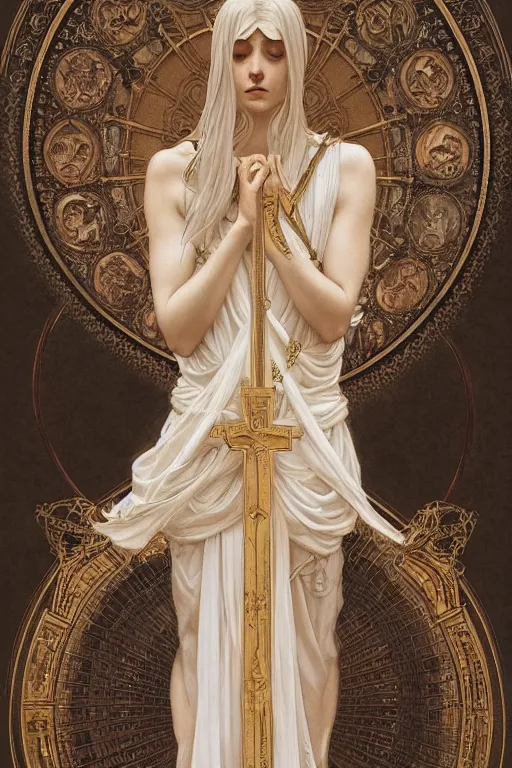 Image similar to a full body portrait of a beautiful ethereal delicate roman mage queen meditative sacral pose catholic stages of the cross, intricate, elegant, highly detailed, digital painting, artstation, concept art, smooth, sharp focus, illustration, art by krenz cushart and artem demura and alphonse mucha