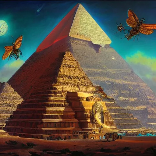 Image similar to detailed image of the god egyptian god thoth, insanely detailed oil painting, with insects and crystals deflecting light, cinematic lighting, epic composition, hyper realistic, extreme detail, esoteric symbolism, ultra high quality, 3 d render, 8 k, by tyler edlin, nasto hattori, simon stalenhag, rhads