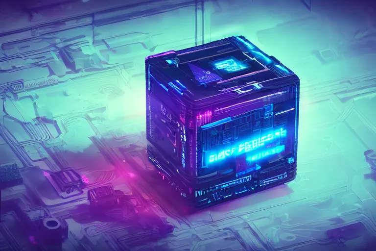 Image similar to a single Cyberpunk sci-fi retrowave intricate black and neon blue cube no background 4K 3D render desktopography HD Wallpaper digital art