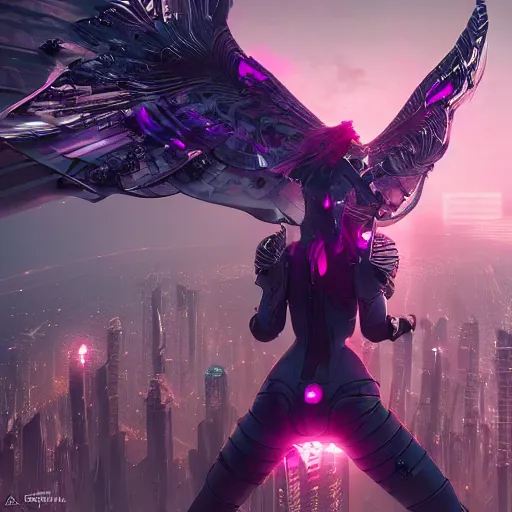 Prompt: cyberpunk valkyrie with pink metal wings, cityscape below, flying, high detail, sharp focus, silver cyber armor, rt by artgerm and greg rutkowski, artstation, unreal engine 5 render