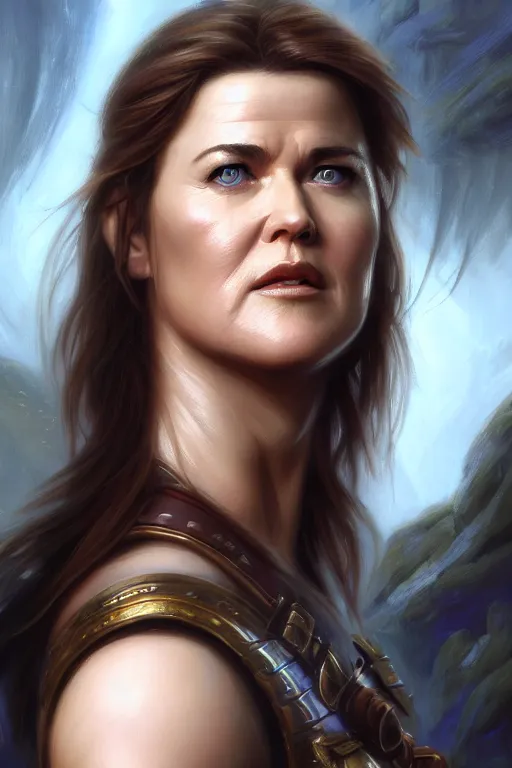 Image similar to ultra detailed close up facial portrait of young lucy lawless as xena, extremely detailed digital painting, in the style of fenghua zhong and ruan jia and jeremy lipking and peter mohrbacher, mystical colors, rim light, beautiful lighting, 8 k, stunning scene, raytracing, octane, trending on artstation