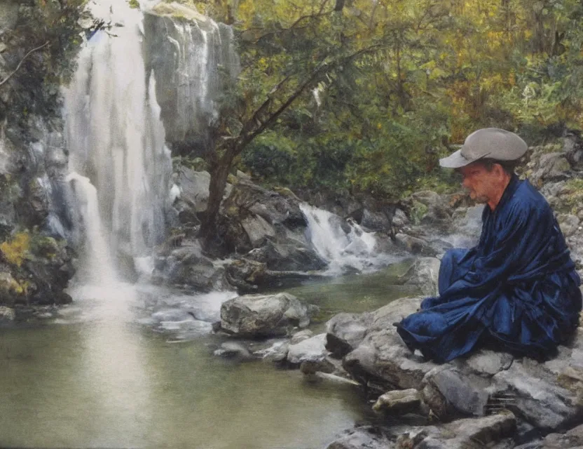 Image similar to by steve hanks, by serov valentin, by lisa yuskavage, by andrei tarkovsky, by terrence malick focused monk sits near waterfall, polaroid, vintage, soft lights, foggy, oil on canvas