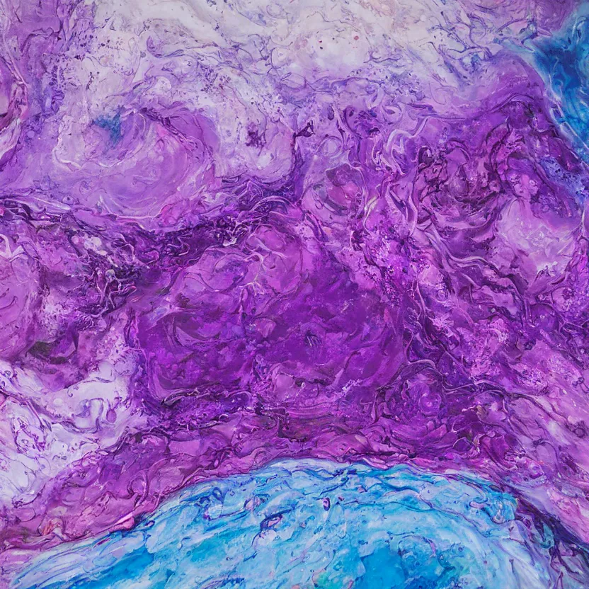 Image similar to abstract multiple layers of purple and blue shades paint dripping and running in multiple circular patterns, oil on canvas, detailed