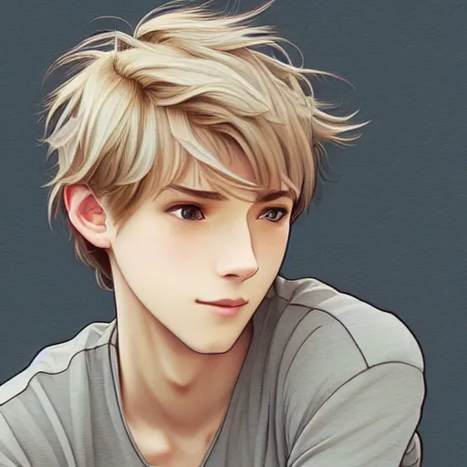 Prompt: young man with short, ash blond greyish hair, light brown eyes, casual clothes, relaxing, happy, path traced, highly detailed, high quality, digital painting, by studio ghibli and alphonse mucha, beautiful details, soft and cosy