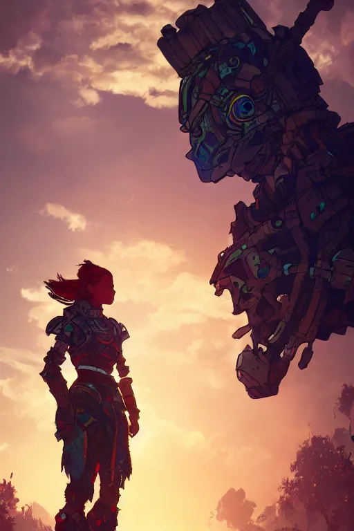 Image similar to combination suit armor aloy horizon forbidden west horizon zero dawn radiating a glowing aura global illumination ray tracing hdr fanart arstation by ian pesty and alena aenami artworks in 4 k tribal robot ninja mask helmet backpack