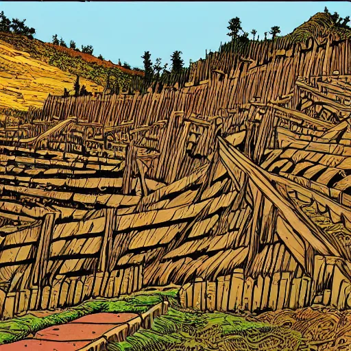 Prompt: precisely drawn illustration of hilltop wooden palisade, wide angle, sharp, fine details, French comic style, vibrant realistic colors, full color, heroic fantasy, intense line art, 8k, precise linework, realistic, in the style of Richard Corben and Moebius