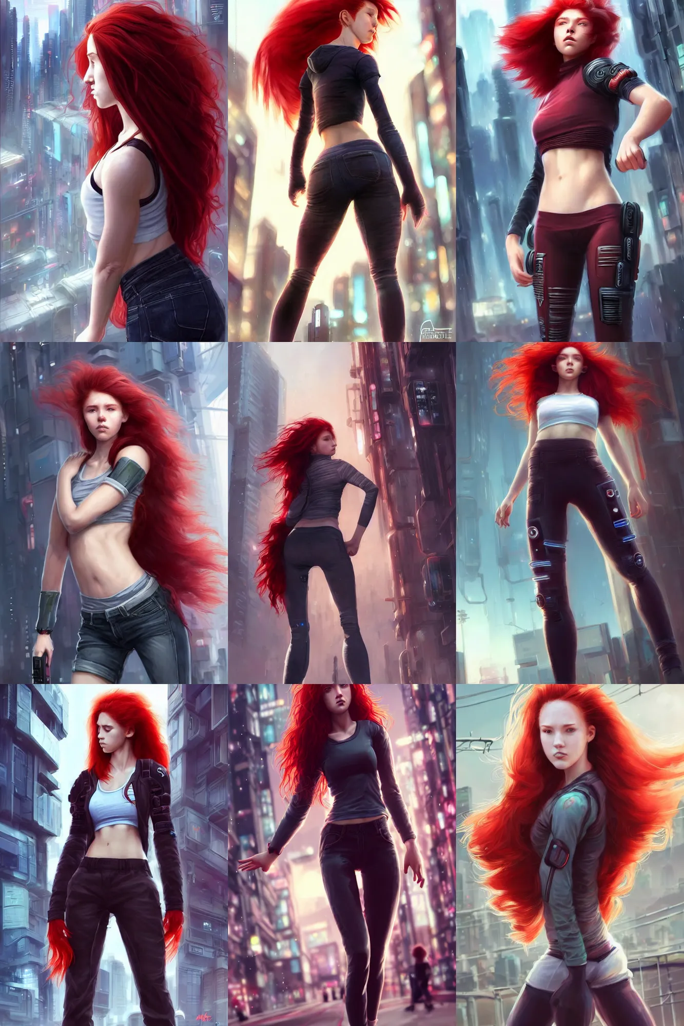 Prompt: beautiful cute athletic red haired eighteen year old young woman standing up, casual clothing, long!! hair, cyberpunk city, attractive face, dynamic pose, rpg character, sci - fi, intricate, elegant, digital painting, artstation, concept art, smooth, 8 k frostbite 3 engine, ultra detailed, art by artgerm and greg rutkowski and magali villeneuve