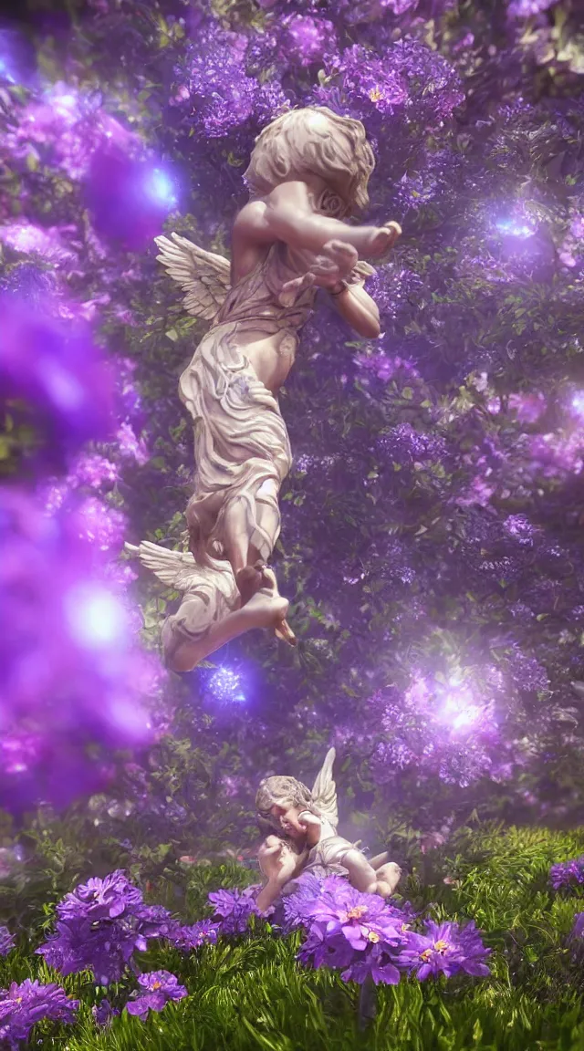 Image similar to tiny biblical angel in a garden, hyper detailed, sharp focus, bokeh, unreal engine, ray tracing, cute, fantasy, sci fi, purple flowers, blue flowers, violet flowers, glowing flowers, tiny, small, hyper realistic, sky, spinning rings with eyes, many eyes, rings of fire, biblical