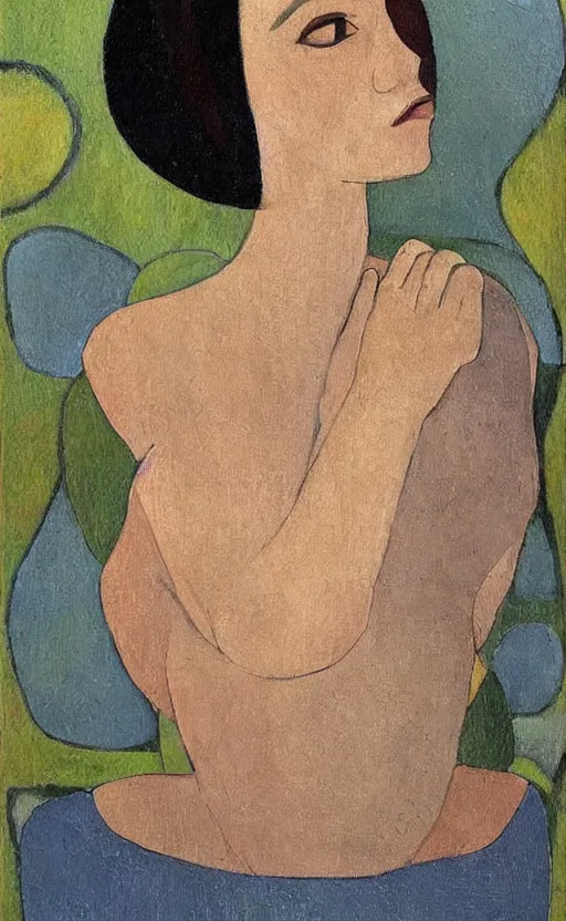 Prompt: a painted portrait of a women, art by felice casorati, aesthetically pleasing and harmonious natural colors, expressionism, fine day, mid shot framing, portrait