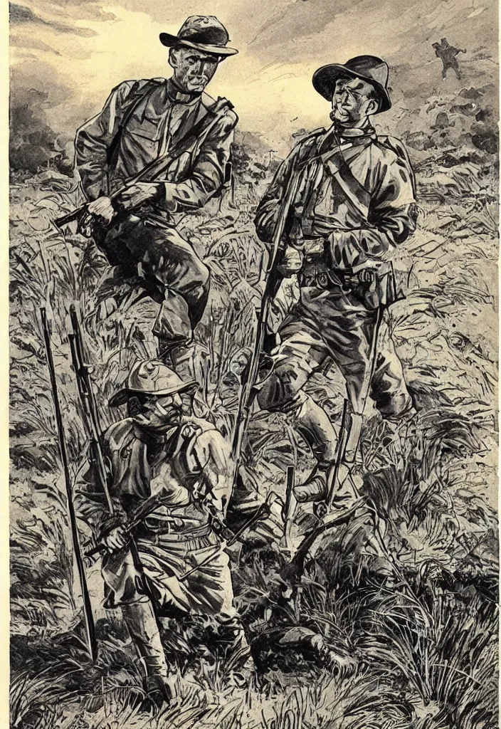 Image similar to comic book of a boer soldier in the south-african veld holding a rifle during the anglo-boer war. 50s comic book illustration. evening light, dramatic, warm, dynamic composition