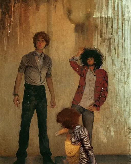 Prompt: two handsome but creepy young people in layers of fear, with haunted eyes and curly hair, 1 9 7 0 s, seventies, wallpaper, a little blood, moonlight showing injuries, delicate embellishments, painterly, offset printing technique, by coby whitmore, jules bastien - lepage