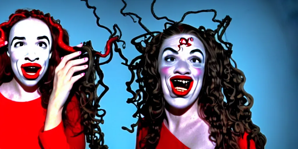 Prompt: old distorted camcorder video of miranda sings as medusa, multiple poses, 6 4 0 x 4 8 0 low resolution video