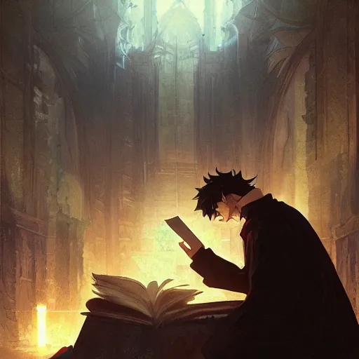 Image similar to a priest reading manga geog darrow greg rutkowski