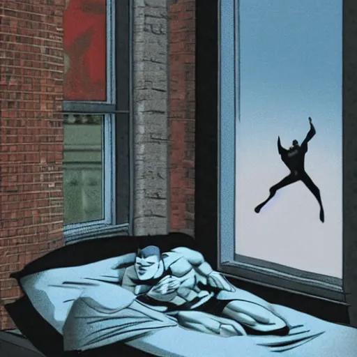 Image similar to man sleeping in bed with hostile batman lurking in the window.