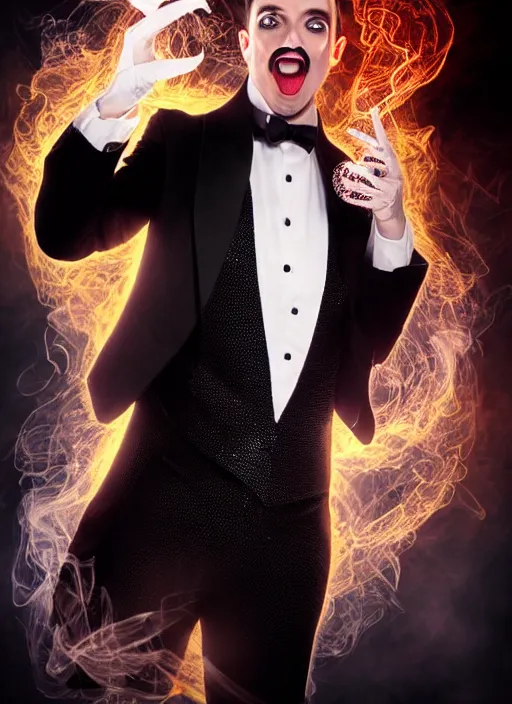 Image similar to hyperrealistic mixed media portrait of a devious male magician, stunning 3d render inspired art by Wesley Burt and Manuel Sanjulian + perfect facial symmetry + dim volumetric lighting, ornate black tuxedo, swirling wispy smoke, energy vortex, 8k octane beautifully detailed render, post-processing, extremely hyperdetailed, intricate, epic composition, grim yet sparkling atmosphere, cinematic lighting + masterpiece, trending on artstation, Art Nouveau