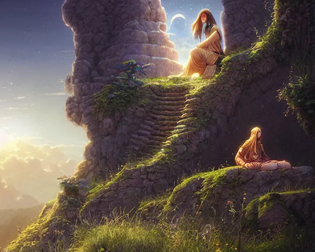 Image similar to beautiful priestess sitting on a rock wall, celestial cloudy meadow scenery, artgerm, ferdinand knab, alena aenami, marc simonetti, moonlight