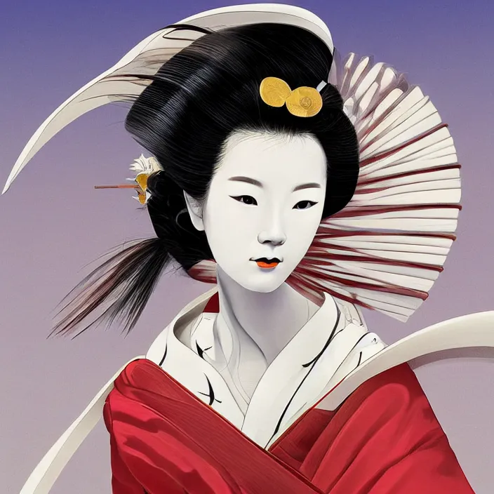 Prompt: youthful geisha, portrait, aerodynamic, fast, beautiful face, digital art, hd, concept art, by santiago calatrava, by zaha hadid