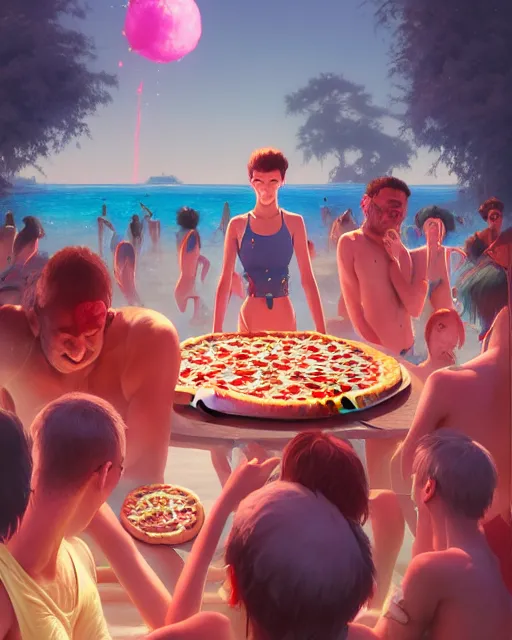 Image similar to highly detailed surreal vfx portrait of a pizza pool party, stephen bliss, unreal engine, greg rutkowski, loish, rhads, beeple, makoto shinkai and lois van baarle, ilya kuvshinov, rossdraws, tom bagshaw, global illumination, detailed and intricate environment