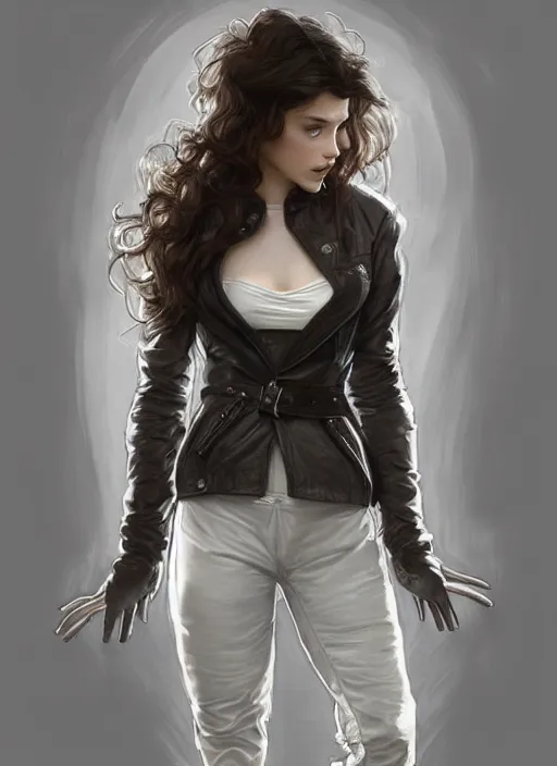 Image similar to girl in very short white! top and very short gray! leather jacket, open belly, long dark curly hair, high waist sweatpants, intricate, elegant, highly detailed, digital painting, artstation, concept art, smooth, illustration, art by artgerm and greg rutkowski and alphonse mucha