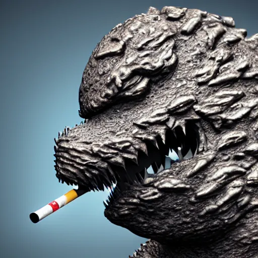 Image similar to anthropomorphic godzilla smoking cigarette, vray