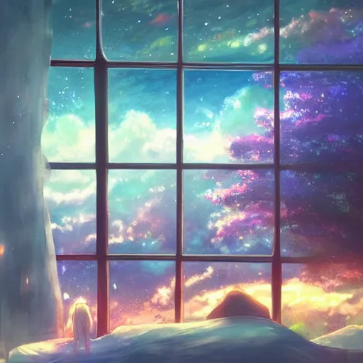 Image similar to a heavenly dream view from the interior of my cozy dream world filled with color from a Makoto Shinkai oil on canvas inspired pixiv dreamy scenery art majestic fantasy scenery fantasy pixiv scenery art inspired by magical fantasy exterior illumination of awe and wonder