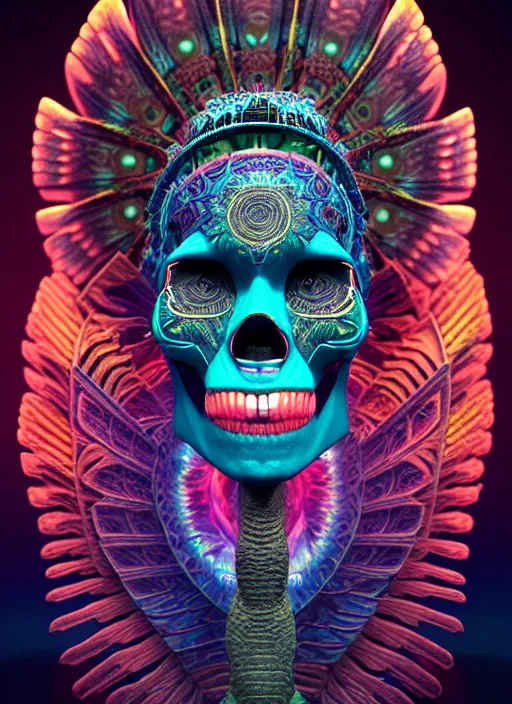 Image similar to 3 d shaman with tattoos profile portrait, sigma 5 0 0 mm f / 5. beautiful intricate highly detailed quetzalcoatl skull and feathers. bioluminescent, plasma, lava, ice, water, wind, creature, thunderstorm! artwork by tooth wu and wlop and beeple and greg rutkowski, 8 k trending on artstation,