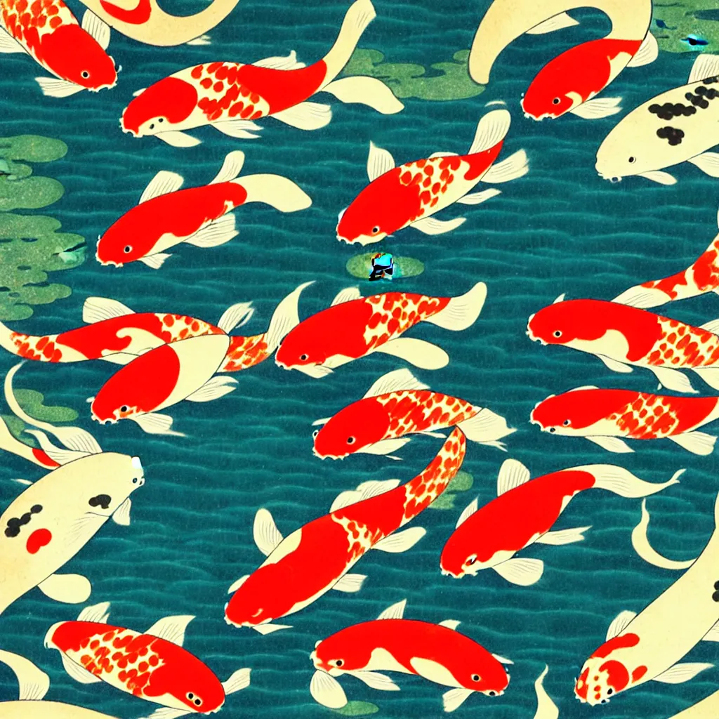 Prompt: ukiyo - e koi pond