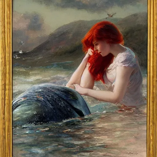 Image similar to a portrait of a red headed young woman hugging a whale in a scenic environment by Gerhartz, Daniel F.