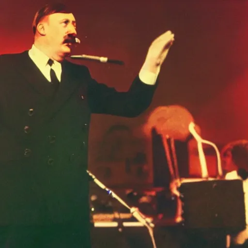 Prompt: A still of Hitler performing in a 1970s funk band, colour photography
