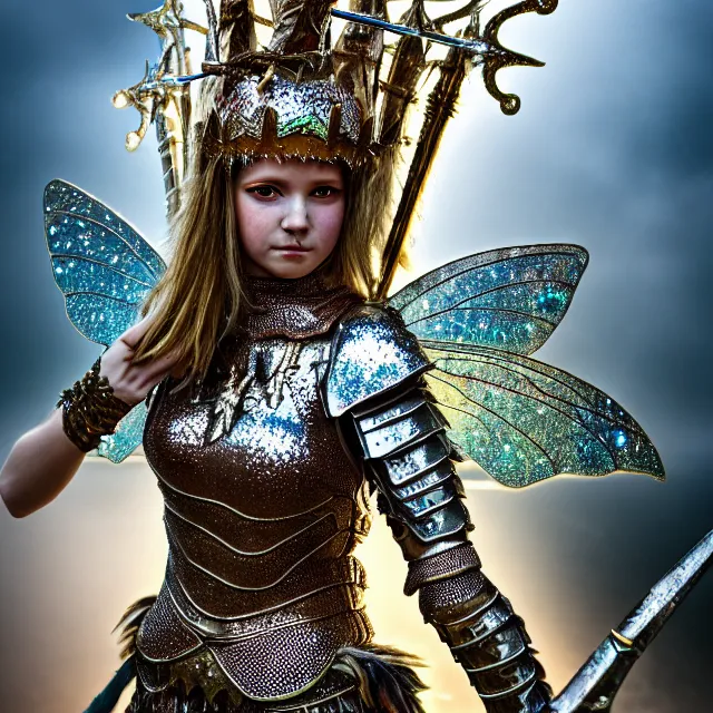 Image similar to full length photo of a fairy warrior wearing sparkly armour, highly detailed, 4 k, hdr, smooth, sharp focus, high resolution, award - winning photo