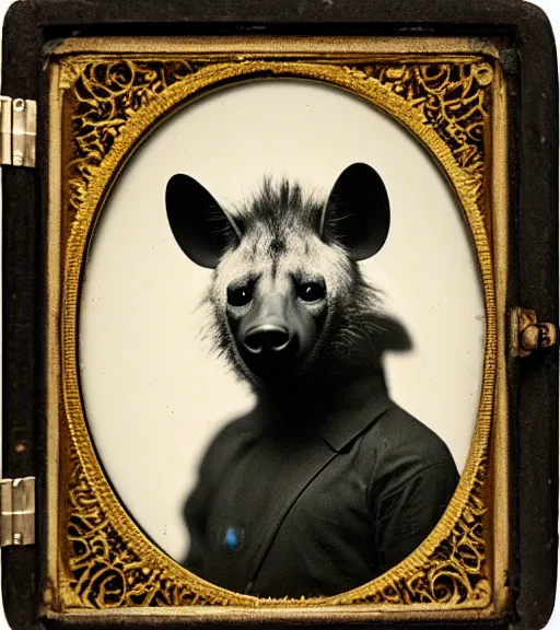 Image similar to professional studio photo portrait of anthro anthropomorphic spotted hyena head animal person fursona wearing clothes by Louis Daguerre daguerreotype